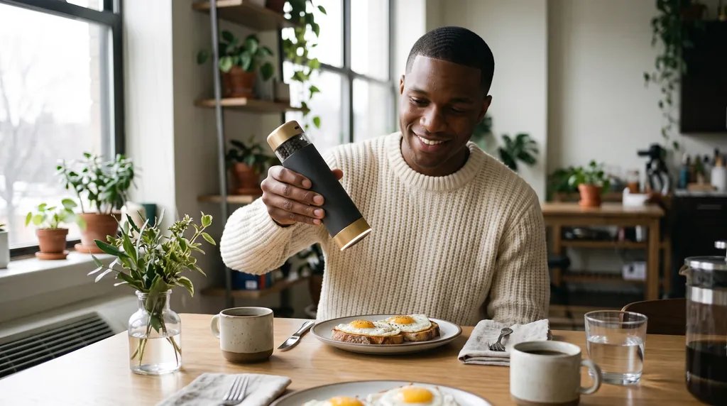 A man seasons a steak with a pepper grinder in a warm, dark kitchen